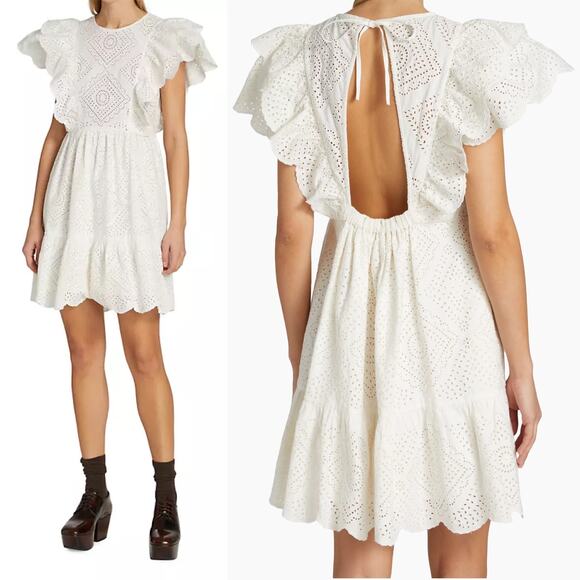 NWT Sea New York Vienne Floral Eyelet Ruffle Cutout Back Tunic Mini Dress Medium - Picture 1 of 15